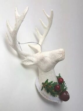 White Reindeer Head Holiday Ornament with Berry Garland